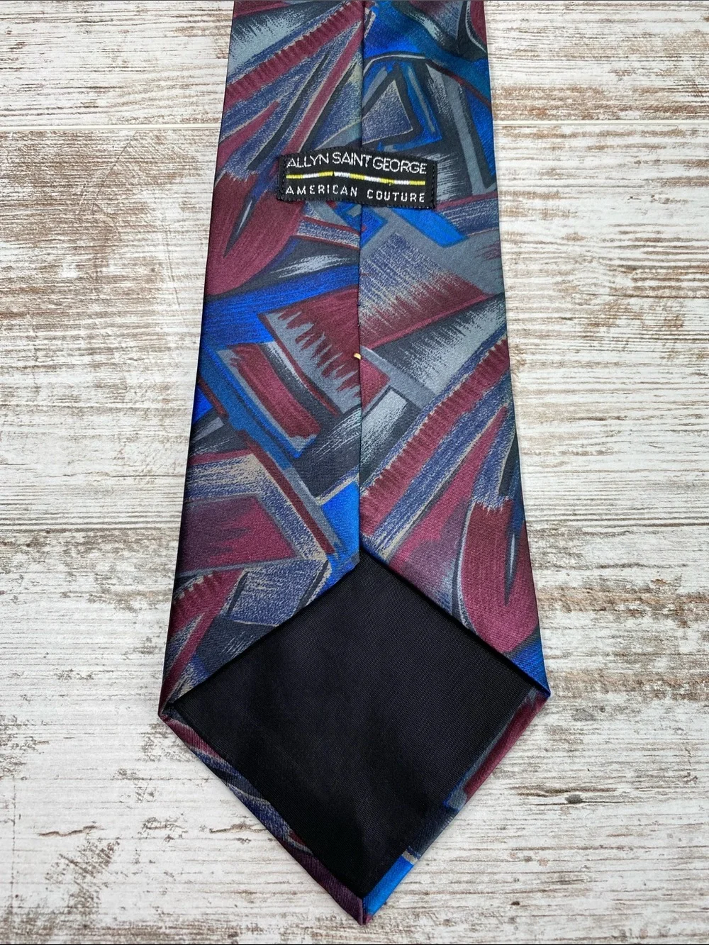 Vintage Allyn Saint George Abstract Geometric Tie Blue Burgundy Gray Wide 90s
